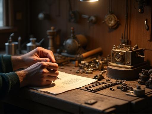 Foto del interior del taller de Marea del Tiempo, con herramientas de relojería y piezas de latón sobre un banco de trabajo de madera.