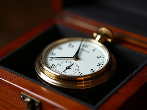 Primer plano de un cronómetro de bitácora restaurado con su caja de madera de caoba